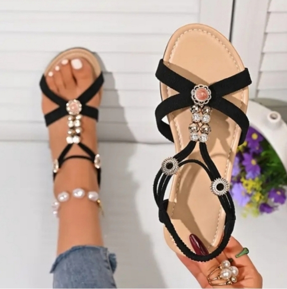 Elegant Black Sandals with Rhinestone Accents Sz 9.5 - Picture 4 of 9